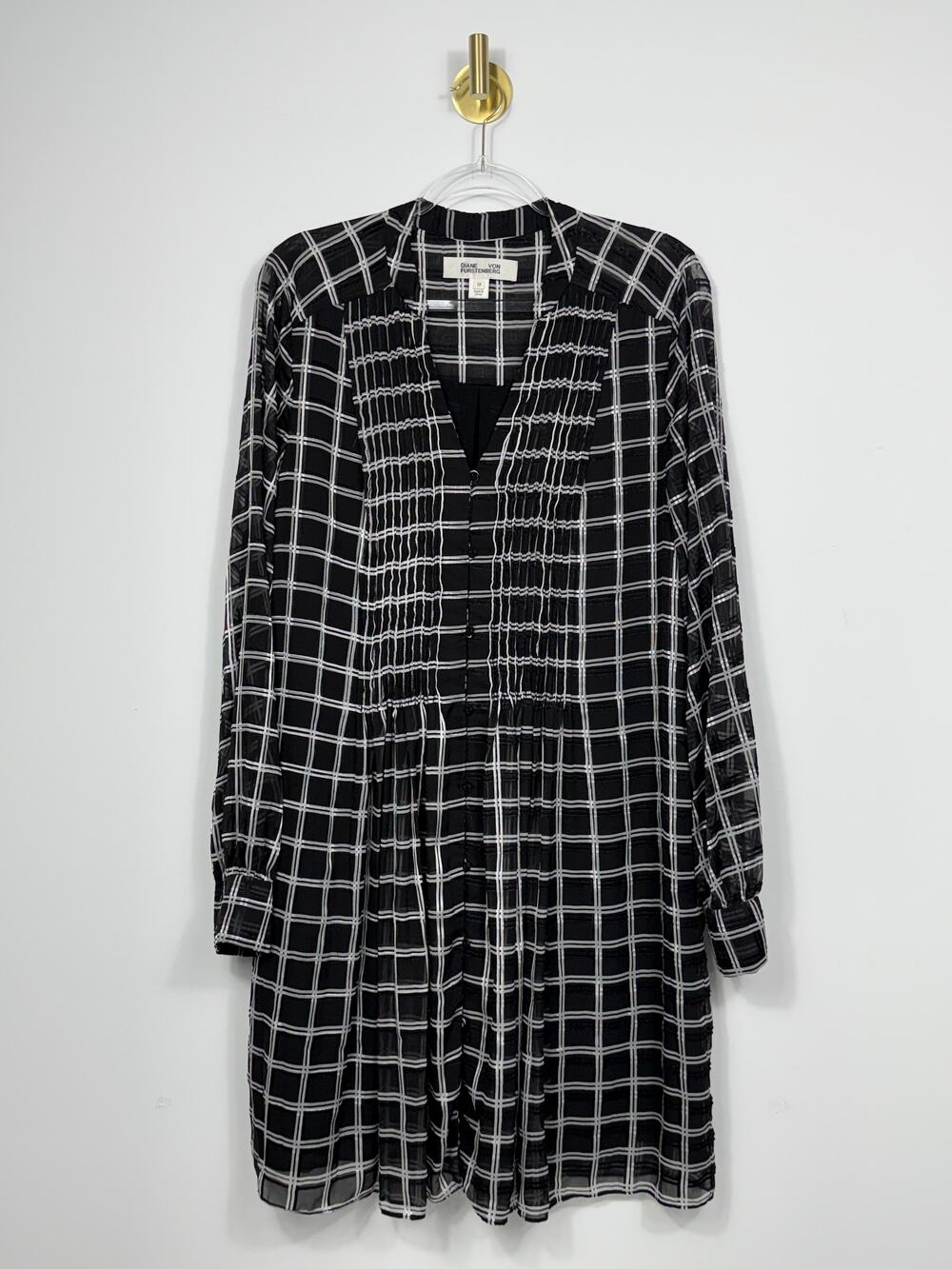 Diane Von Furstenberg dress black-white plaid pattern pleated detailing Sz 14
